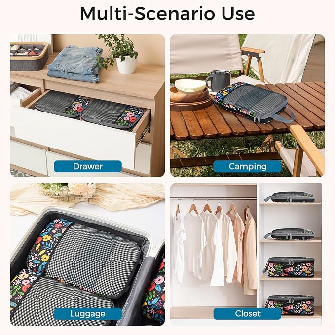 BAGAIL 4 Set/6 Set/8 Set Compression Packing Cubes Travel Accessories Expandable Packing Organizers (Half Mesh, 6-Black Floral)