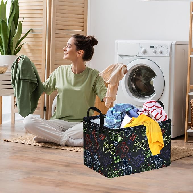 MAIZMZ Game Controller Storage Bin, Waterproof Linen Laundry Basket with Handles for Game Room Bed, Gifts,Toys