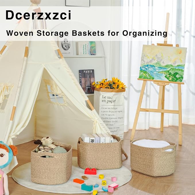 Storage Baskets for Organizing Shelves 14.8×11×9.5 Mixed Brown | Woven Cotton Rope Bins for Storage, Dog Toys, Cute Shelf Basket for Living Room Bedroom Bathroom Nursery, 3 Packs