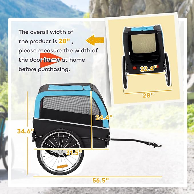 PawHut Dog Bike Trailer 20" Air Tires for Small Medium Breeds 44 lbs | Pet Cart Bicycle Carrier, Quick-Release Wheels, Reflectors, Flag, Dog Cart for Bicycle