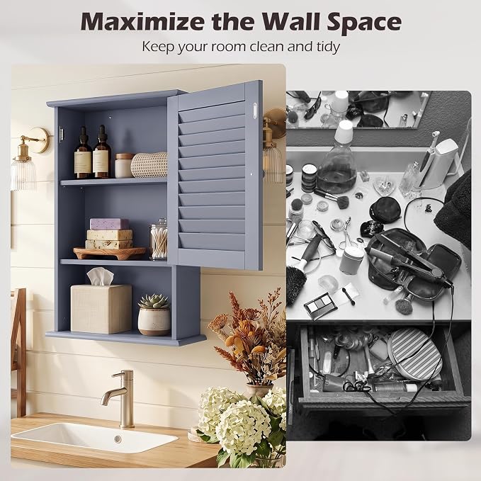 Tangkula Medicine Cabinet, Wall Mounted Bathroom Cabinet Single Door Wooden Bathroom Wall Cabinet with Adjustable Shelf (Grey)