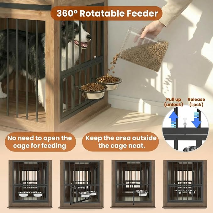 71'' Double Dog Crate Furniture, Large Dog Kennel Indoor with 360° Rotating Feeders and Removable Divider, XXL Wooden Dog Cage with Charging Station, Dog House TV Stand for Large Dog, Walnut