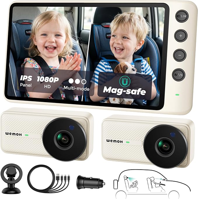 Magnetic Double Car Camera for 2 Baby with 1080P IPS Monitor, White