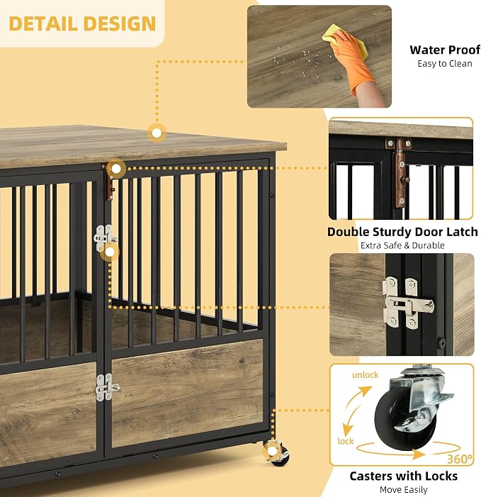 DWVO 43 Inch Dog Crate Furniture with Wheels & with Double-Doors | Dog Kennel Indoor Furniture End Table Dog Crate for Dogs, Farmhouse Decorative Wooden Dog Cage Table, Chew-Resistant, Greige