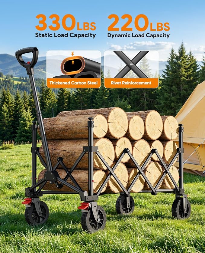 Collapsible Wagon Cart with Wheels, 330LBS for Grocery Shopping Camping | 150L Collapsible Wagon with Wheels,Heavy Duty Foldable Wagon,Portable Utility Carts for Camping Grocery Garden Shopping