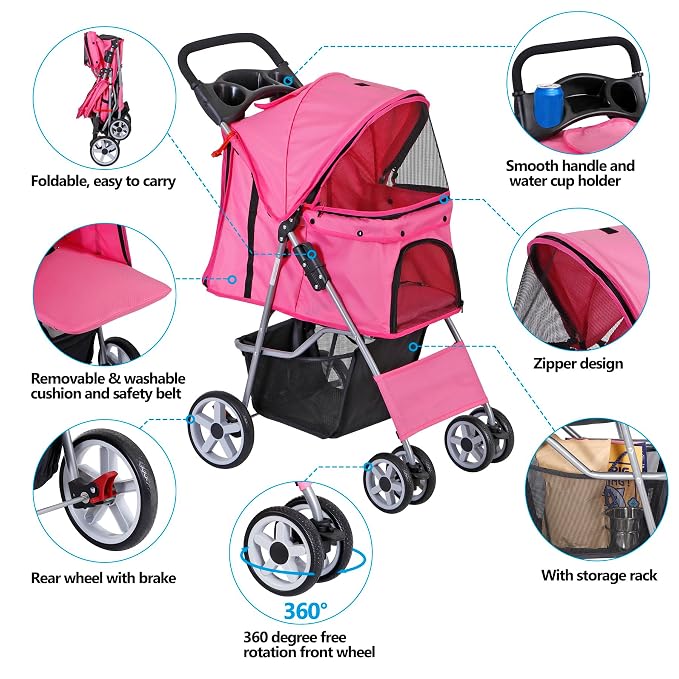 Pet Stroller for Medium Small Dogs - Easy to Walk Folding Travel Carrier Strolling Cart with Cup Holder, Weather Cover and Storage Basket (Pink)