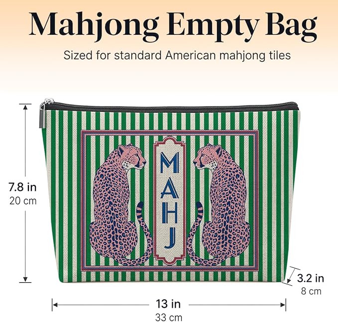Trendy Leopard Cheetah Empty Mahjong Tile Bag 13x7.8 Inch | Pink Green Printed Portable Travel Case Organizer Zipper Pouch for American Mahjong Tiles Game Night Accessories and Gifts