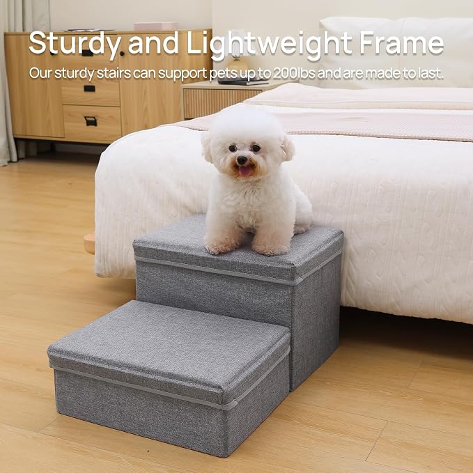 Linen Foldable Dog Stairs with Storage | 2-Step Pet Steps for High Beds & Couch, Non-Slip Dog Ladder for Small & Medium Dogs and Cats, Light Grey