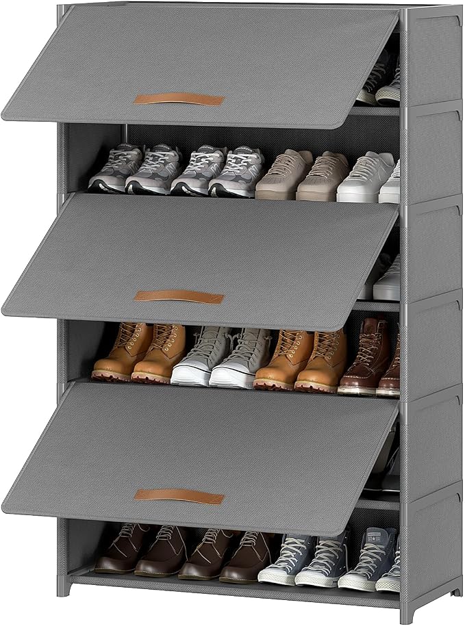 7 Tier Shoe Cabinet with Door, 28-Pair Storage, Grey | Tall Design Saves Floor Space, Door Blocks Dust & Pets, Holds Heels to Boots, Quick Assembly with Connectors