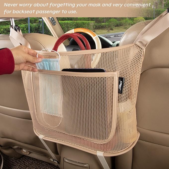 eing Car Organizers and Storage Mesh Bag, Purse Holder, Car Net Pocket Handbag, Automotive Consoles & Organizers, Back Seat Pets Kids Barrier, Car Handbag Holder for Women, Beige