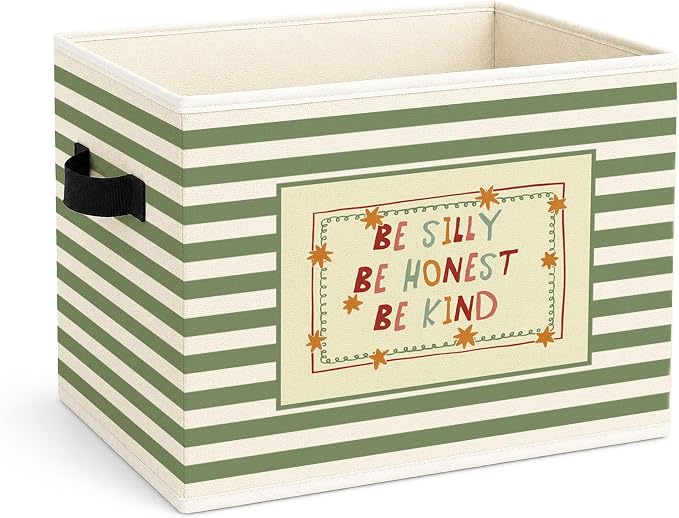 Kindness Storage Bin, Green Stripe Foldable Fabric Basket | Be Silly Be Honest Be Kind fabric organizer for nursery, bedroom, playroom, toys, books, and clothes