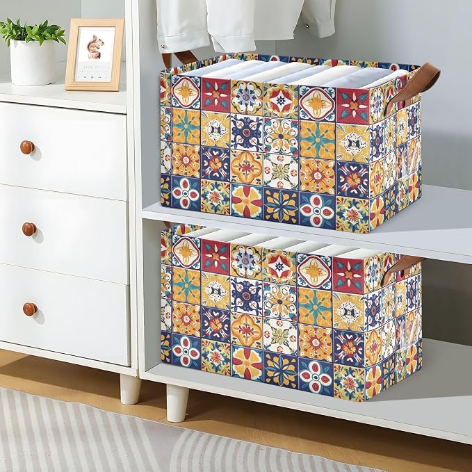 Mexican Spanish Style Colorful Tile Pattern Storage Bins for Shelves with Labels&Handles Fabric Organizer Bin Foldable Rectangle Storage Basket Boxes for Closet, Bathroom, Home, Living Room