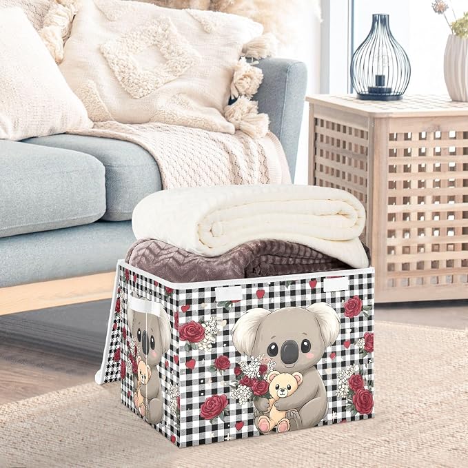 Koala Bear Rose Fabric Storage Bins with Lid Closet Storage Basket 40L | Decorative Storage Boxes, 300D Oxford Cloth, Hollow Board Frame, Flip Top Velcro Lid, 16.5x12.6x11.8 inch, Collapsible Design