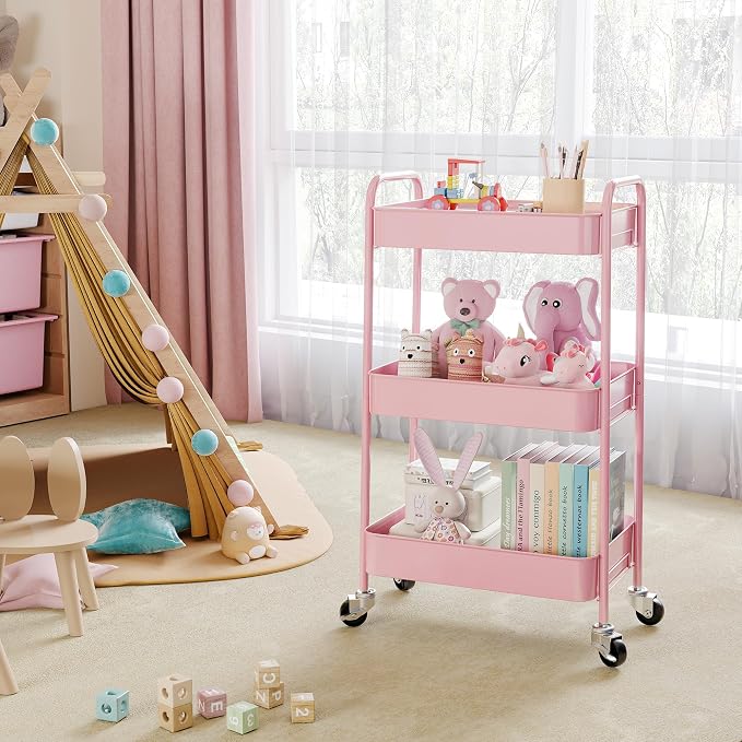 TOOLF 3 Tier Metal Rolling Cart, Utility Storage Cart with Wheels, Pink | Screwless Assembly, Lockable Metal Wheels, Trolley Organizer for Bathroom, Kitchen, Office, Dorm, Laundry, Craft Room