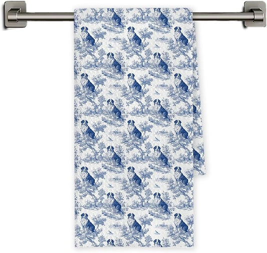 Chicimln Chinoiserie Bernese Mountain Kitchen Towels, Bernese Mountain Dog Gifts Decorative Hand Towels for Bathroom, Blue and White Dog Dish Tea Towel Drying Cloth for Kitchen Decor, 16x24 Inch