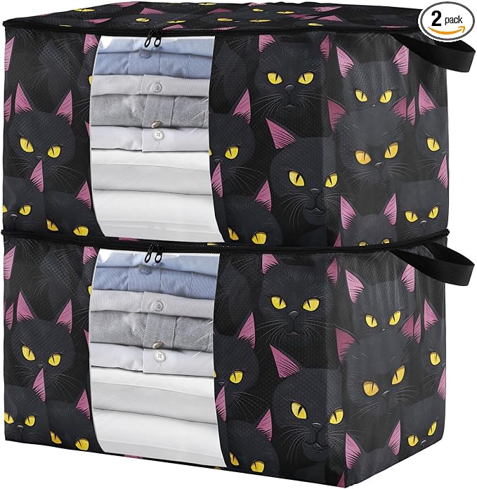 Generic Cute Black Cat Clothes Storage Bag Bins 2 Pack Foldable Storage Containers Large Closet Organizer with Zipper Storage Cubes for Bed Sheets Clothing Comforters 60L, g355896708p976c1037s2357