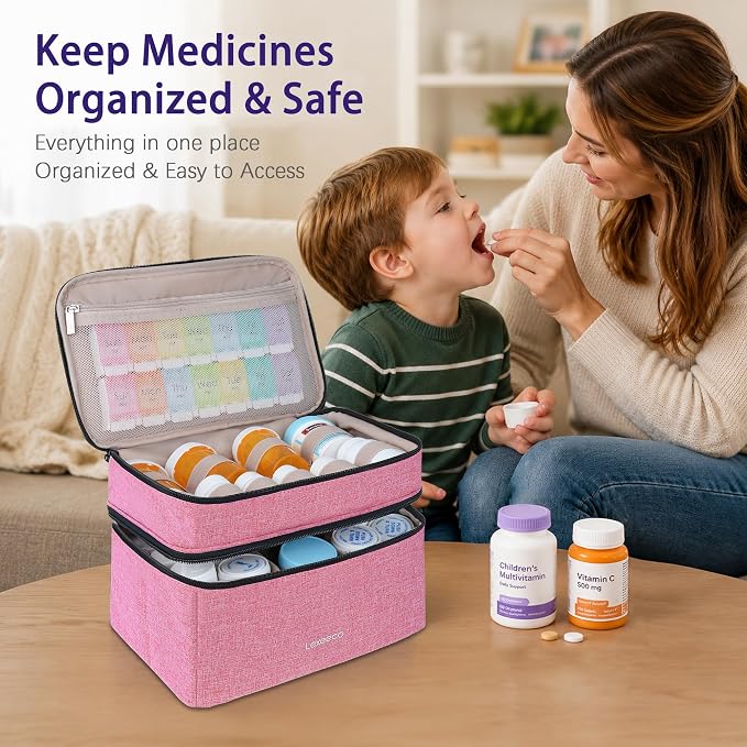 Lexeeco Dual Layers Medicine Pill Bottle Organizer Bag with Lockable Zipper | Portable Medication Bag for Pills,Vitamins,Fish Oil,Medicine Storage Box for College Dorm Student,Home,Large Travel Pill Case