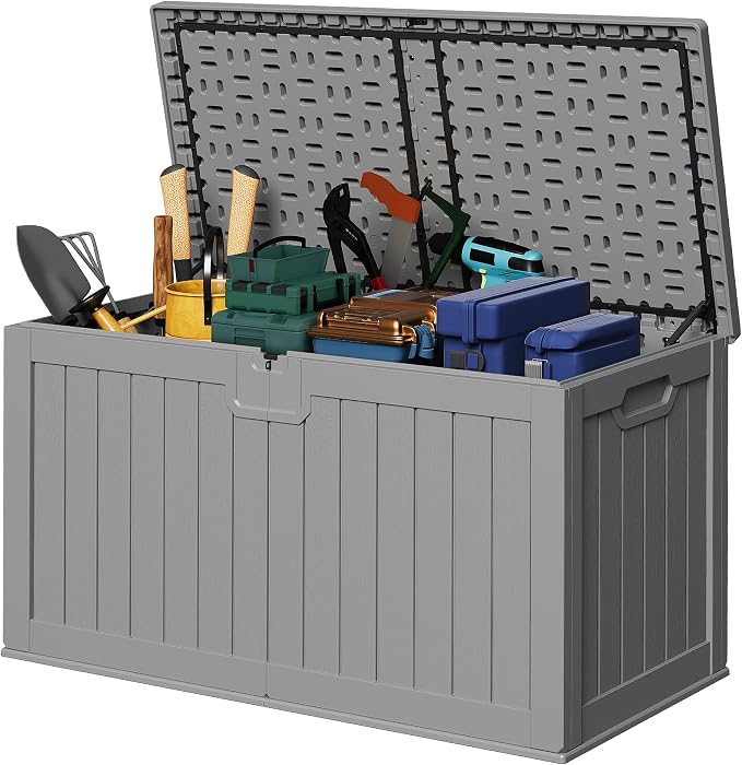 Devoko HDPE 240 Gallon Deck Box Double-Wall with Divider | Large Outdoor Storage Box Side Handles, Waterproof and Lockable for Patio Furniture, Garden, Pool