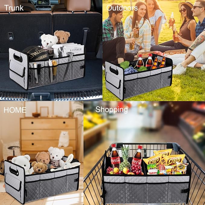 Car Trunk Organizer for SUV, Collapsible Car Storage Organizer Light Grey | Sturdy, Large Capacity, Diamond Decor, Multi Compartment Container Box Adjustable Car Accessories for Sedan Truck