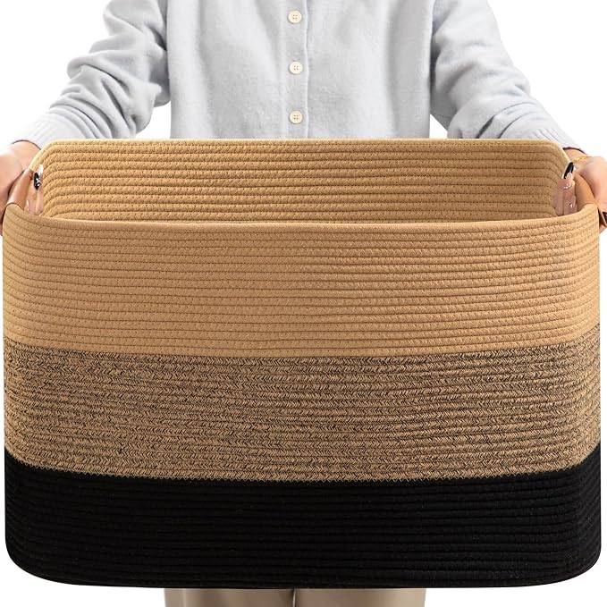 danpinera Large Woven Basket, 108L Large Blanket Basket for Living Room, Nursery, Cotton Woven Hamper for Toy Organizing & Laundry, 25’’*16’’*16’’ Gradient Linen