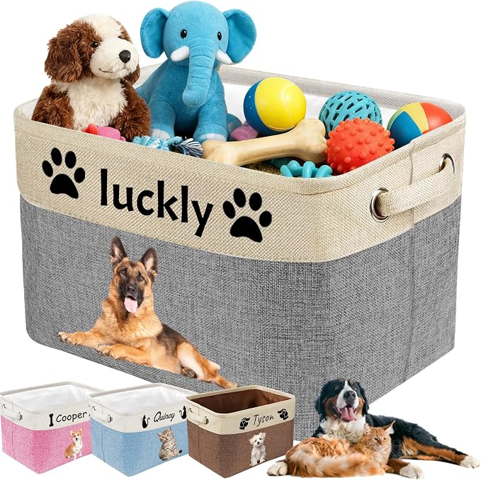Personalized Dog Toy Storage Basket Bin with Name Photo Custom Pet Collapsible Organizer Box Container for Toys Coats Clothing Blankets