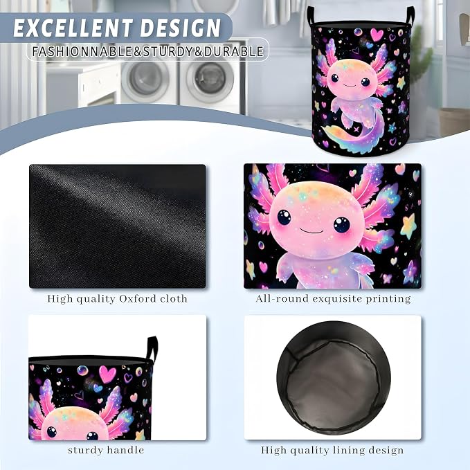 Fantasy Axolotl Laundry Basket, Colorful Star Heart Storage Hamper, Round Collapsible Waterproof Cloth Bin, 19.7x15.7 Inch Cute Pink Cartoon Clothes Organizer Gifts for Bathroom Decor