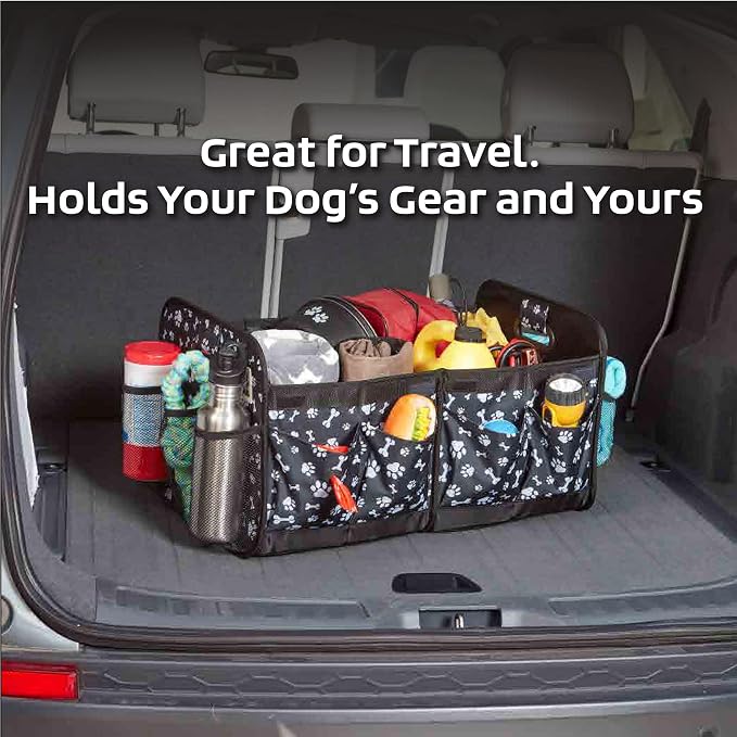 Mobile Dog Gear, Dogssentials Collapsible Storage Organizer for Travel with Built-in Waste Bag Dispenser, Includes 1 Roll of Waste Bags, Black/White Paw Bone Print, Meets Airline Regulations