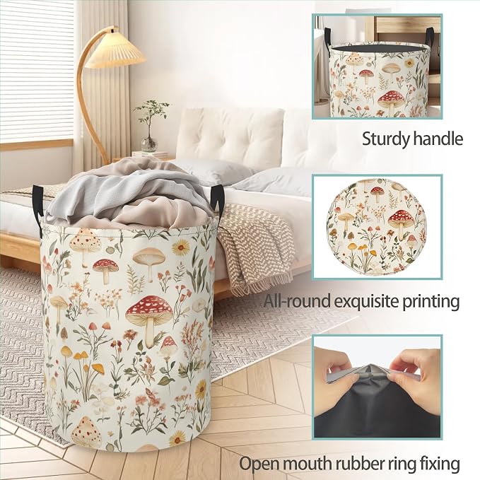 Mushroom Round Laundry Hamper Storage Basket Toys Clothes Organizer Bin For Home Bathroom Bedroom Dorm Nursery