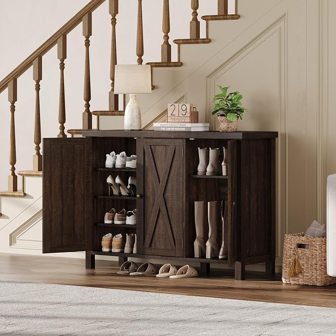 Farmhouse Shoe Cabinet with 3 Barn Doors & Wood Legs, 5-Tier Shoe Storage Cabinet with 3 Adjustable Shelves, Tall Shoe Rack Organizer for Closet, Shoe Organizer for Entryway, Hallway, Dark Cherry