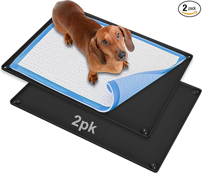 Dog Pee Pad Holder Tray Fits for 30” x 23” Pee Pads - 2 Pack - Black | Corner Lock Holes, Raised Edges, Non-Spill, Easy to Clean Silicone Dog Potty Tray Holder, For Indoor Floor Protection