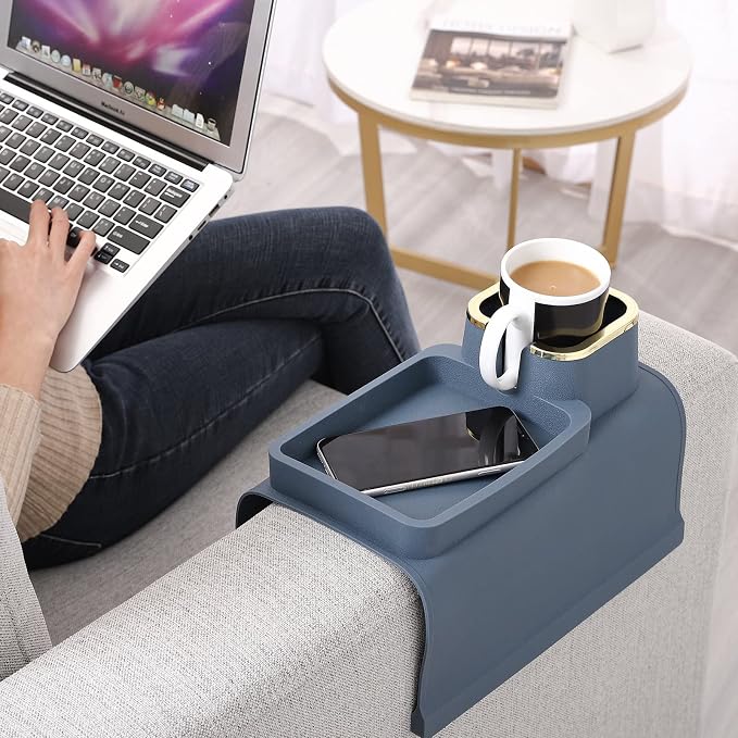 HMASYO Couch Cup Holder Tray – Weighted Silicone Sofa Armrest Organizer Table with Anti-Spill Coaster, Easy Reach for Drink, Snacks, Remote & Phone, Non-Slip Base, Easy Clean