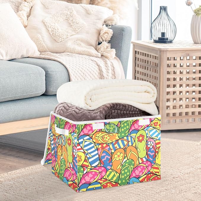 Storage Bins with Lid Flip Flop Foldable Storage Boxes 40L Baskets | Decorative Storage Boxes, Dust-Proof Flip Top, Reinforced Handles, For Home & Bedroom, Clothes & Toy Box, Oxford Fabric Print