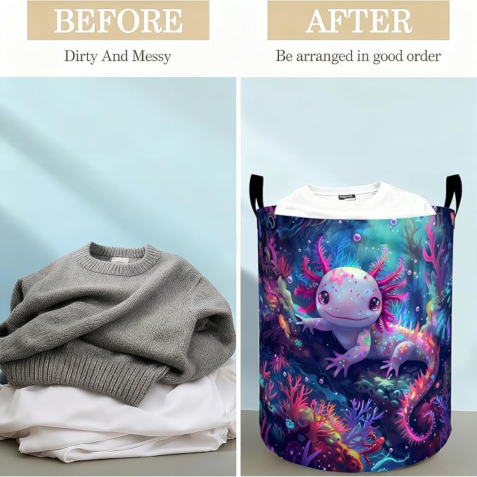 Axolotl Laundry Basket Hamper for Boys Girls Kids Adults, Foldable Waterproof Oxford Clothes Storage Bin, Ocean Organizer for Bedroom Bathroom Room Decor 19.7"x15.8"