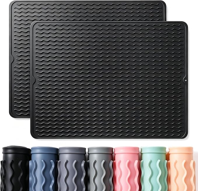 2 Pack Caketime Silicone Dish Drying Mat for Kitchen Counter Under Sink Protector Organizers Cooking Baking Espresso Machine Accessories Appliance Stone Rack Trays Drain Extra Large 24"x18" Black