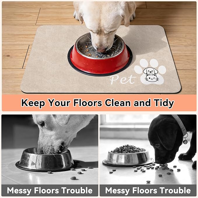 Dog Cat Feeding Mat-Absorbent Pet Bowl Mat for Food and Water, Quick Dry Water Dispenser Mat for Floors with Waterproof Rubber Backing, Puppy Cat Placemat Mats for Messy Drinkers,16"x24",Taupe