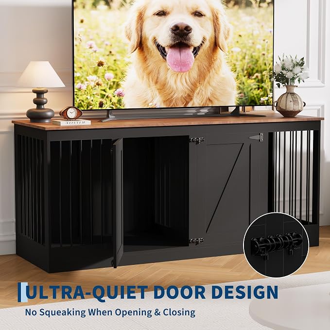 Garvee 70.8" Double Dog Crate Furniture, Farmhouse Dog Crate TV Stand | Heavy Duty Wooden Dog Kennel with Removable Divider & 2 Lockable Doors, Easy Assembly