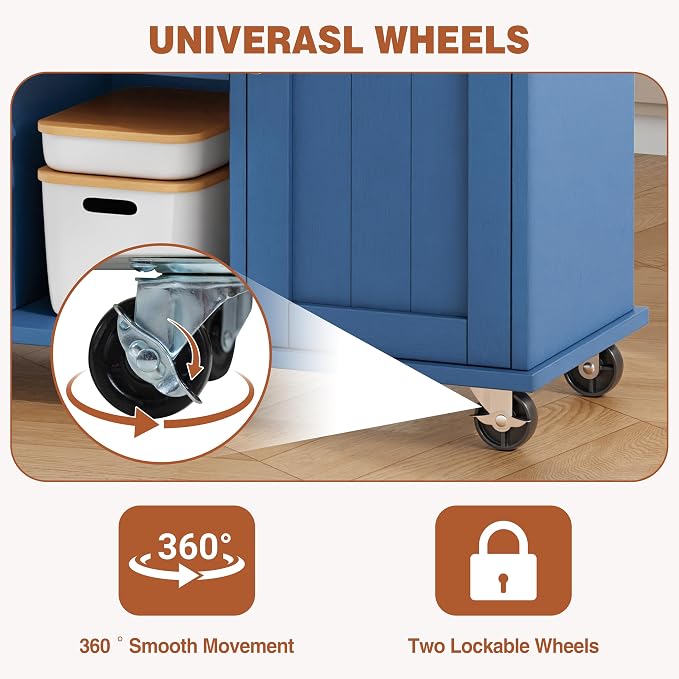 JY QAQA 42" Kitchen Island with Storage on Wheels, Rolling Table with Drop Leaf, Drawers, Cart Handle for Towel Rack or Free Movement, Blue