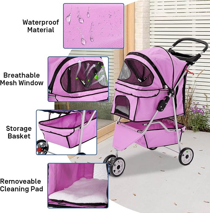 TTY Store Best 3 Wheels Pet Stroller for Dog Cat or Small Pet, Lightweight Foldable Pink