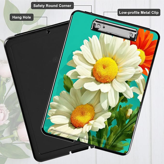 Heavy Duty Storage Clipboard, Slim Nursing Clipboard with Internal Pen Case, Portable File Organizer Case for A4 Letter Size Paper Office Medical Professionals, White Daisy