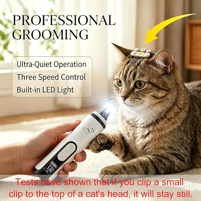 Silent Groom Pro Dog Nail Grinder -Professional Cat & Dog Nail Trimmers with light & 3 Speeds, Pet Nail Grinder Quiet and Painless Paws Grooming, Suitable for Small Medium Pets (2 Replacement Head)