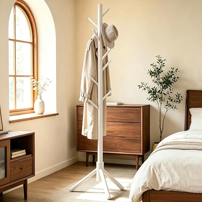 Wooden Coat Rack Freestanding | Coat rack with 8 Hooks & 3 Adjustable Sizes for Clothes, Space-Saving Design for Bedroom Office Entrance Holds Hats Coats