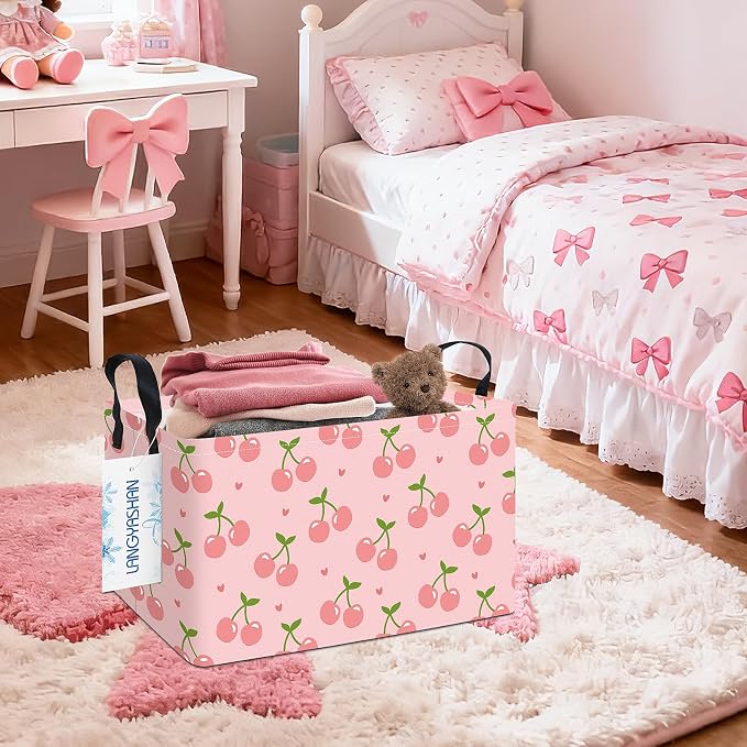 Rectangular Collapsible Pink Cherry Storage Basket Nursery Toy Organizer | Storage Bin Foldable Canvas with Handles for Organizing Home Kitchen Children Toys Office Closet Shelf Baskets