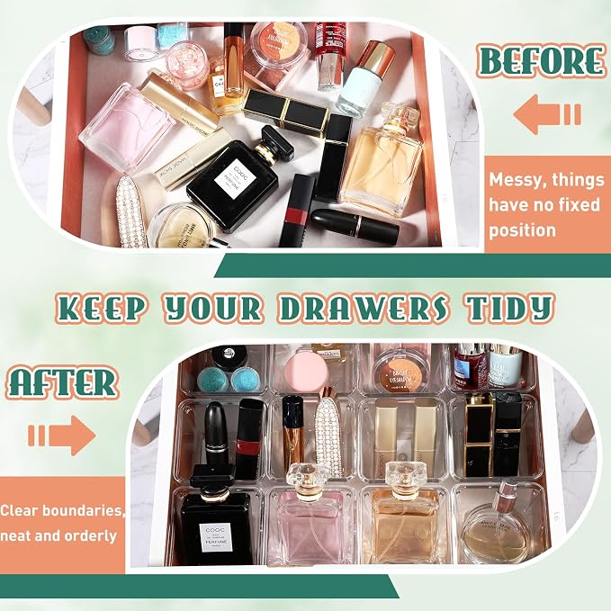 Tioncy 16 Pcs Stackable Clear Drawer Organizer 3" x 3" x 2" Storage Bins | For Makeup Vanity Bathroom Kitchen, Small Containers Office Desk Cosmetics, Transparent Organizers Declutter Drawers Easily