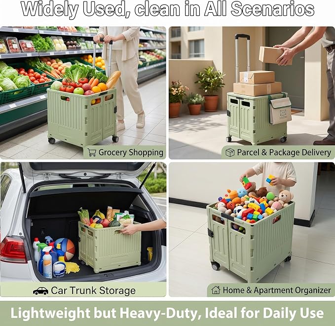 Foldable Rolling Storage Crate with Lid, Telescopic Handle & 4 Wheels, Portable Camping Shopping Box