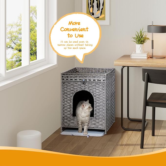 Snughome Cat Litter Box Enclosure Furniture Hidden with Cat Litter Mat, Hidden Cat Washroom Furniture with Door, Handwoven Rattan Cat Washroom Box, Indoor Pet House for Living Room, Bedroom(Grey)