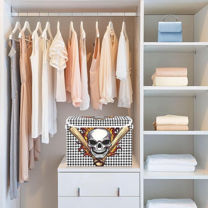 Fabric Storage Bins with Lid Fire Skull Foldable Storage Boxes 40L Baskets | Decorative Storage Boxes, Dust-Proof Flip Top, Reinforced Handles, For Home & Bedroom, Clothes & Toy Box, Skull Fabric Print