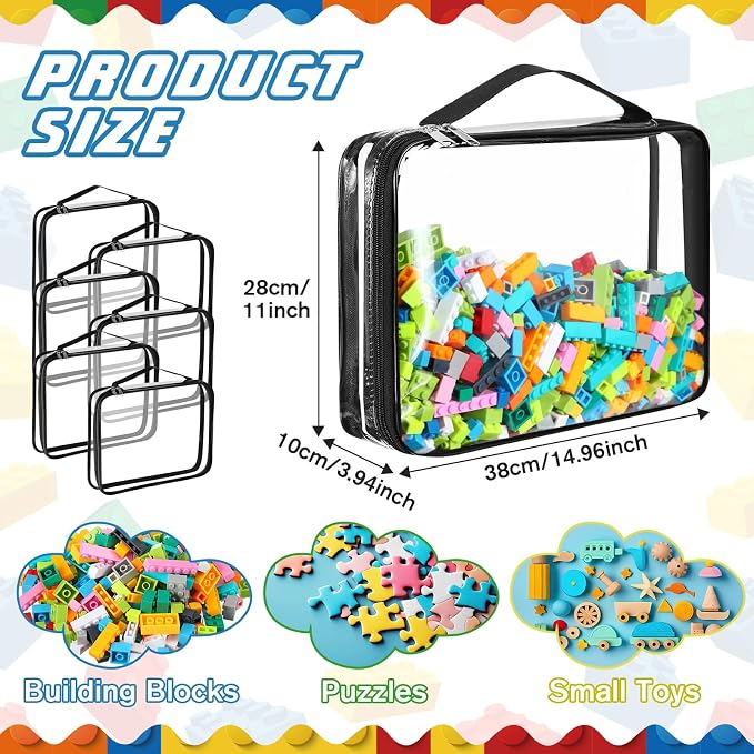Sanwuta 6 Packs Toy Storage Bags with Zipper,X-Large,Black | Clear Waterproof Games Storage， Large Portable PVC Container， Reusable Organizer for Board Games, Building Blocks, Puzzles