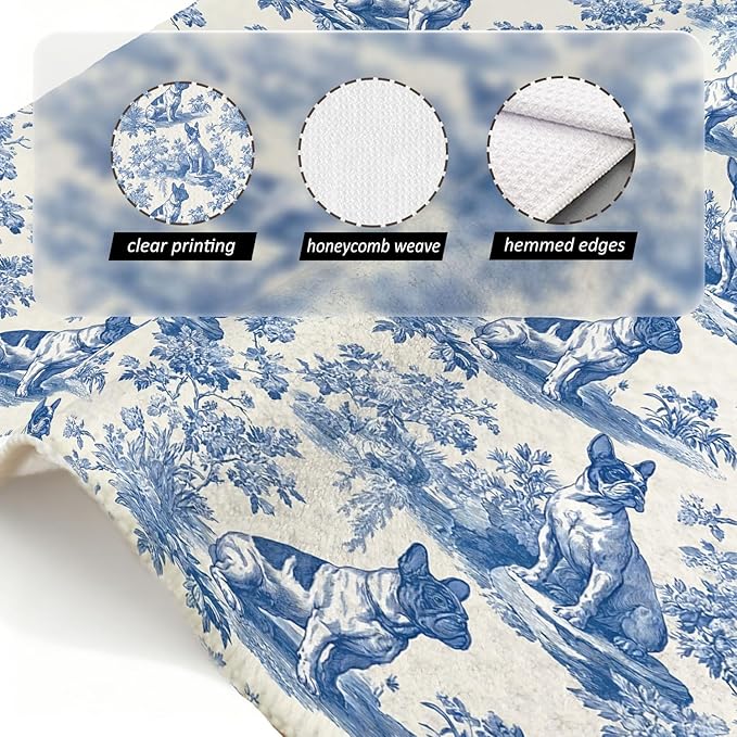 French Bulldog Kitchen Dish Towels,Blue and White Floral Dog Towel Dish Tea Towels, Chinoiserie Decor for Kitchen Bathroom,French Bulldog Gifts for Dog Lover Mom Dad,16x24 Inch