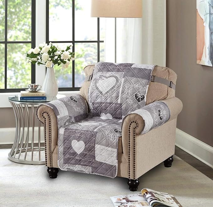 Brilliant Sunshine Grey Heart Love Patchwork Quilted Chair Slipcover, 23" Seat Width, Slip Resistant Furniture Protector, 2" Strap, Washable Armchair Cover for Pets, Kids, Dogs, Cats, Grey | Quilted Sofa Cover, Living Room & Bedroom Furniture Protector...