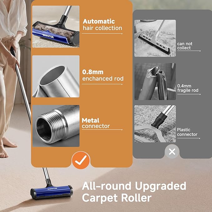 Carpet Hair Removal Tool, Long Handle Dog Hair Remover, Reusable Carpet Sweeper, Pet Fur Remover with Dust Container for Carpet, Rugs, Mats, Furniture, Upholstery